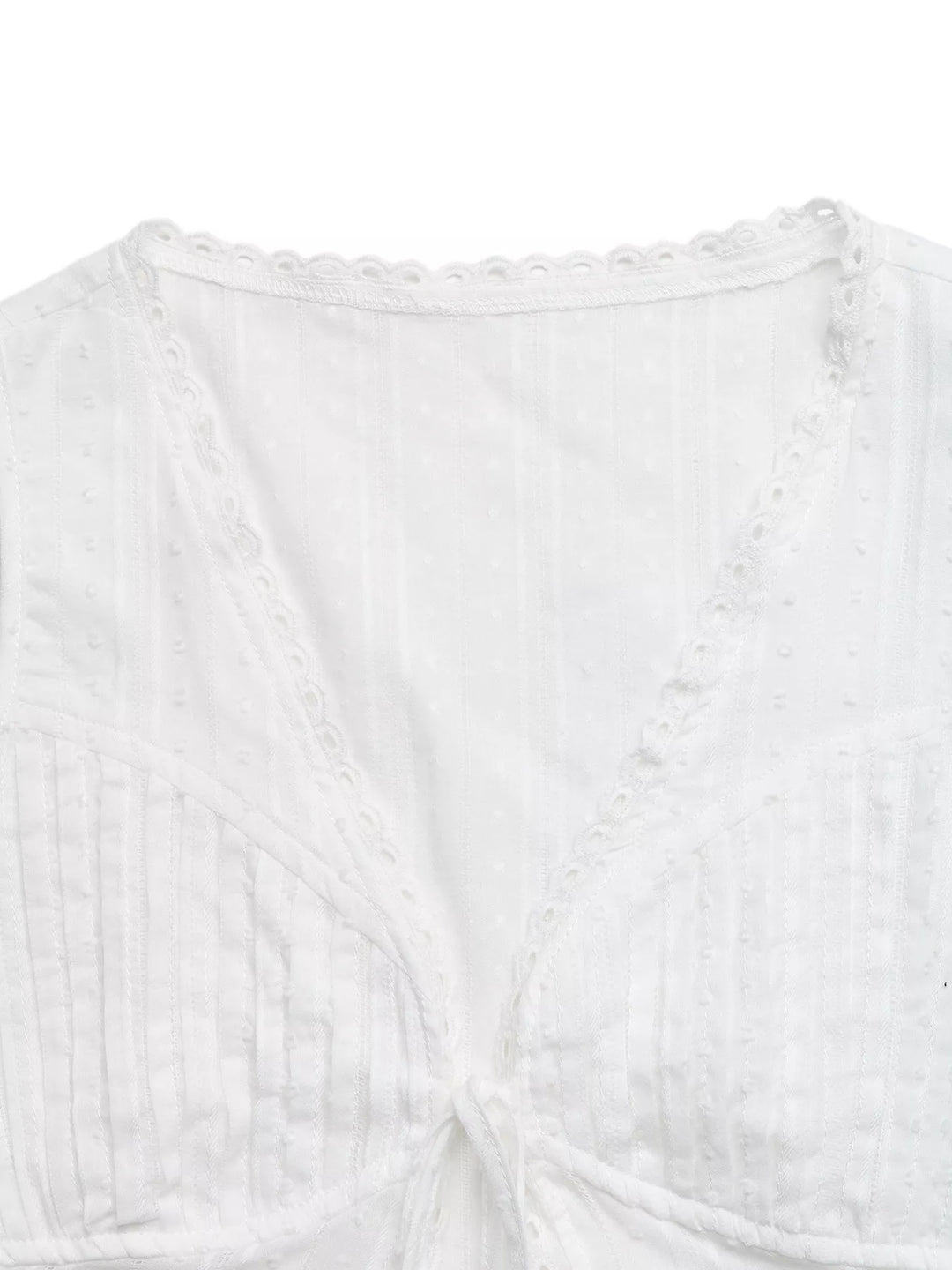 Swiss dot V-neck tie-front crop top with lace trim