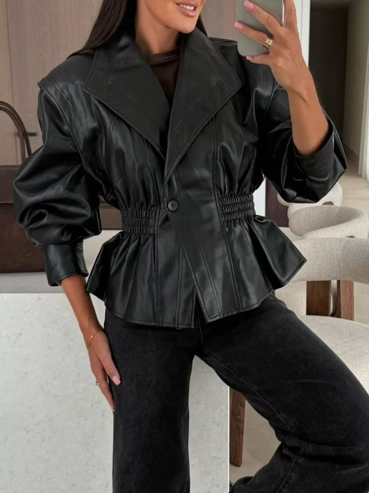 Faux leather peplum jacket with ruched waist