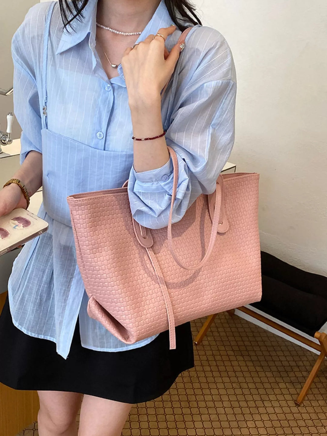 Woven texture faux leather large shoulder tote bag