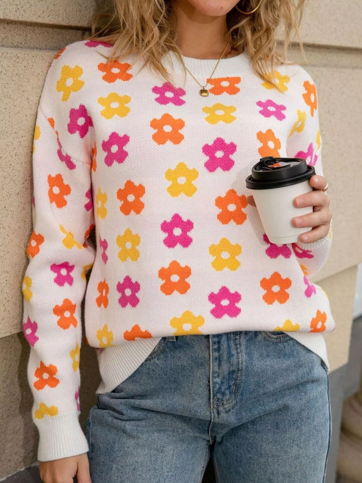 Retro daisy floral crew neck knit sweater