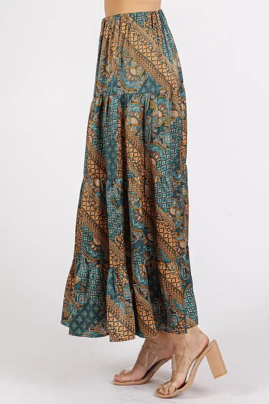 Paisley patchwork tiered satin maxi skirt