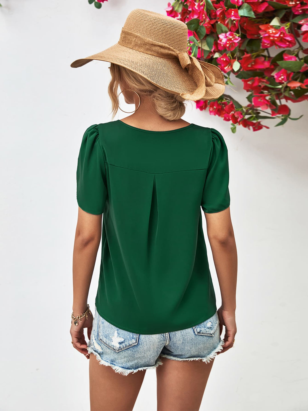 Petal sleeve blouse with keyhole cutout round neck