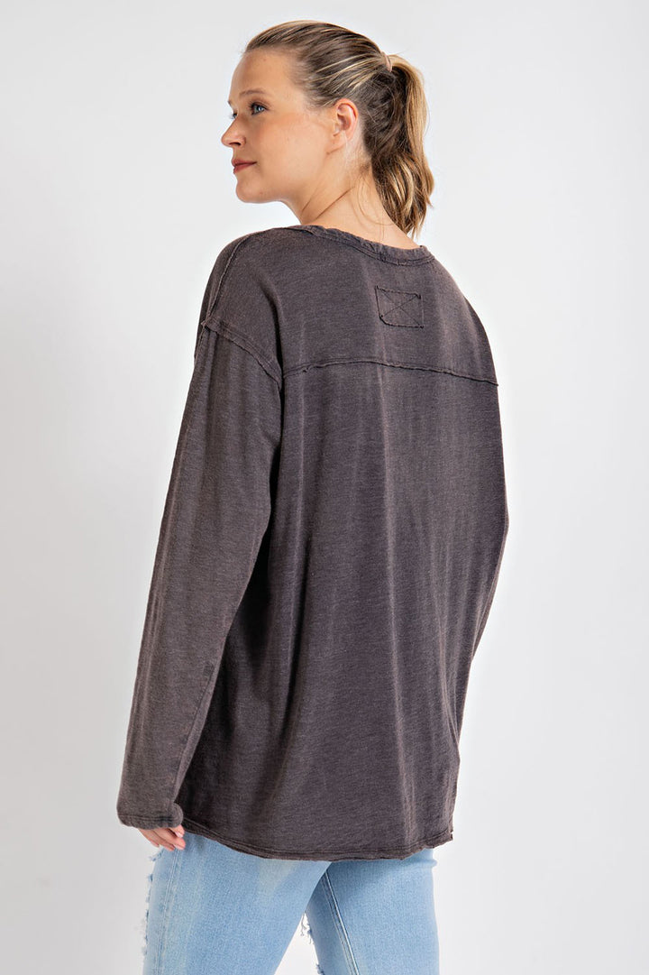 Mineral Washed Round Neckline Long Sleeves Top - Azoroh