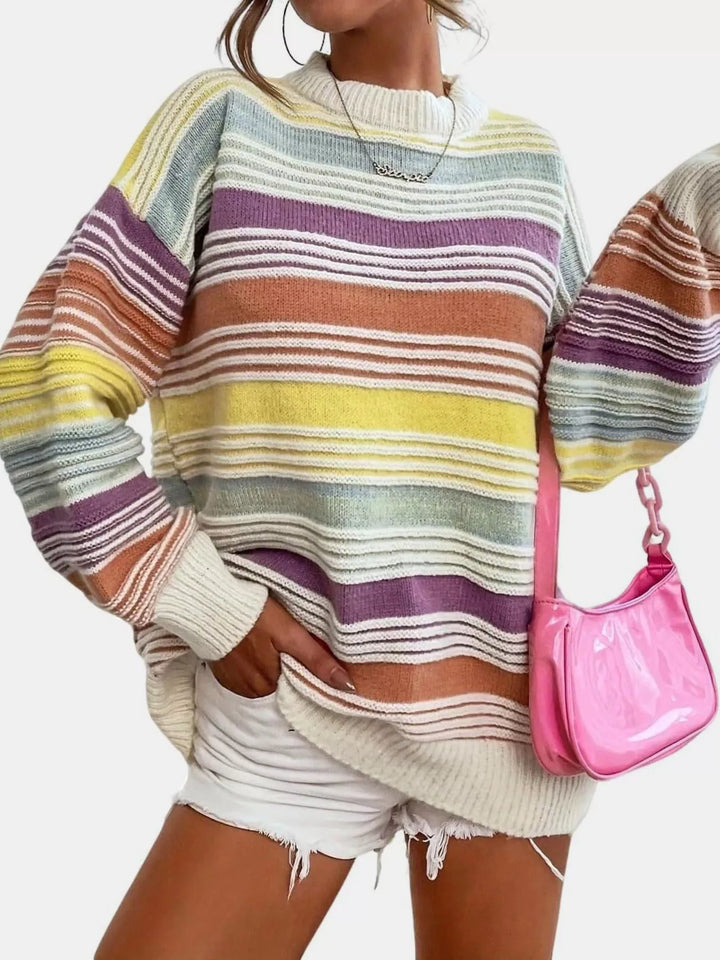 Multicolor Striped mock neck relaxed knit pullover sweater