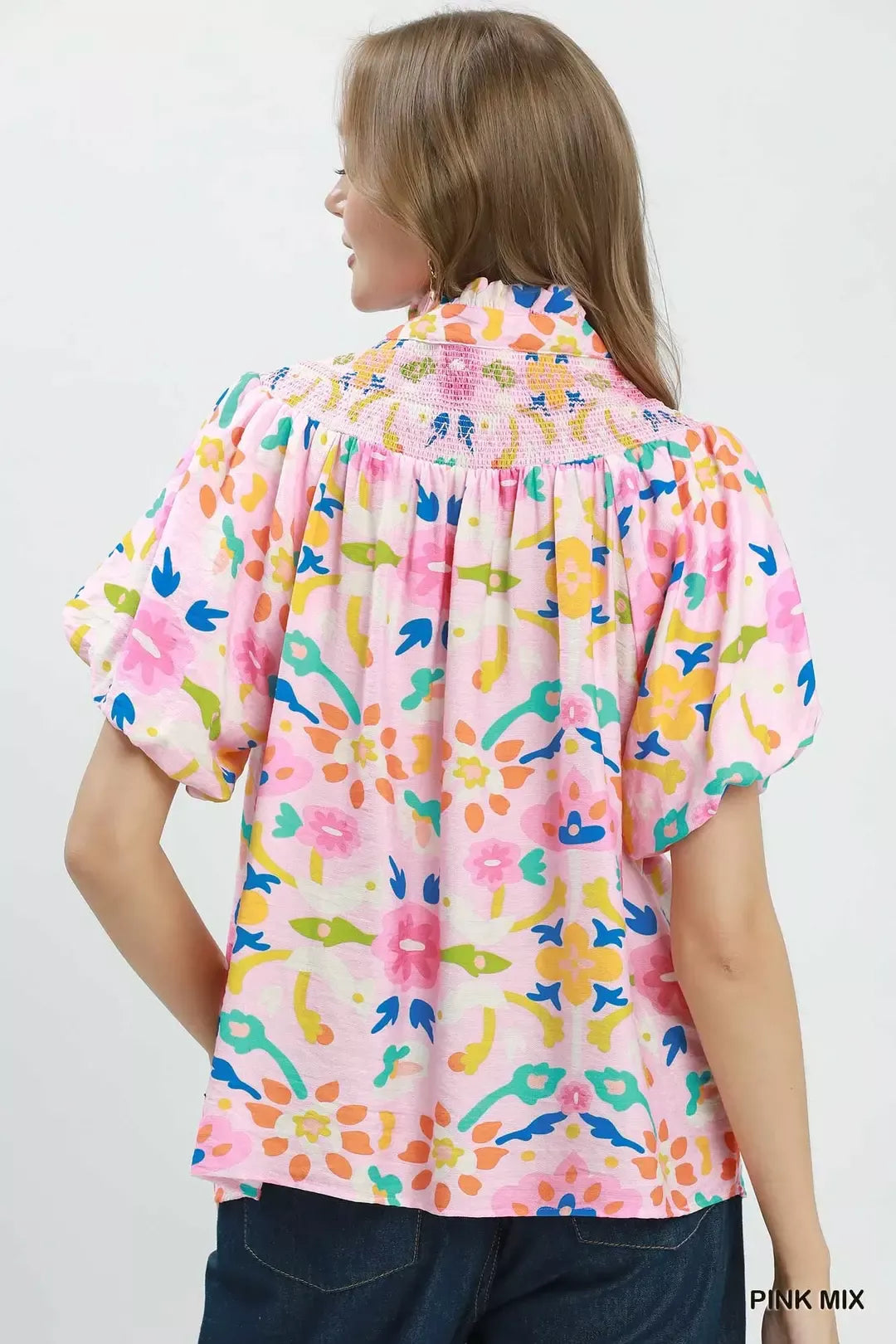 Folk art floral puff sleeve top with smocked collar