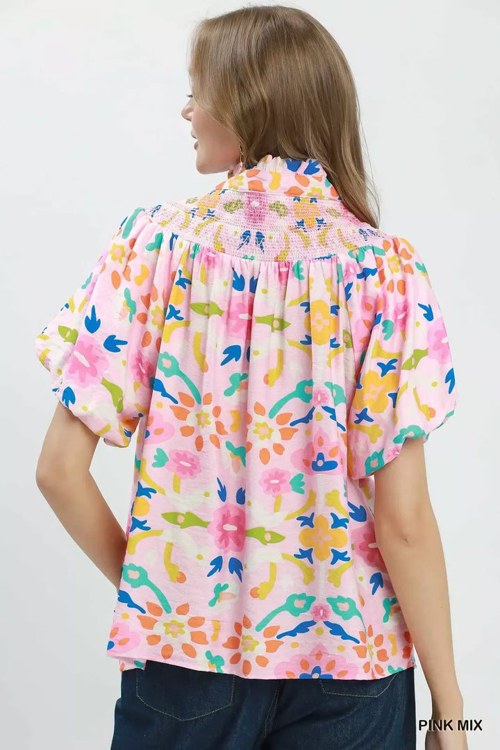 Folk art floral puff sleeve top with smocked collar