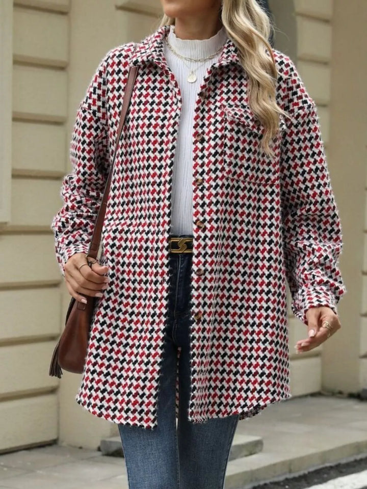 Houndstooth button-up shacket coat with chest pocket