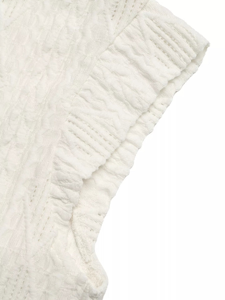 Openwork cable-knit top with ruffle cap sleeves