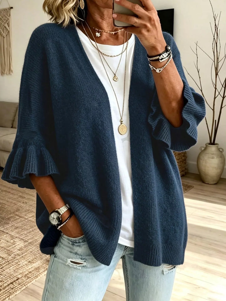 Dark Navy Ruffle bell sleeve open-front knit cardigan