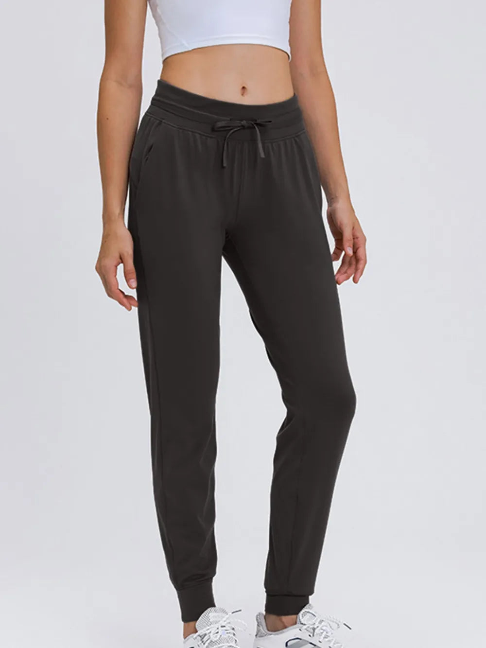 Dark Gray Tapered stretch nylon joggers with drawstring waist and pockets