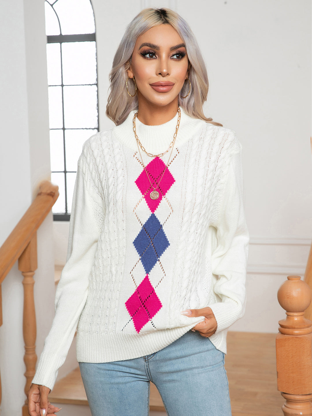 White Argyle cable knit mock neck pullover sweater