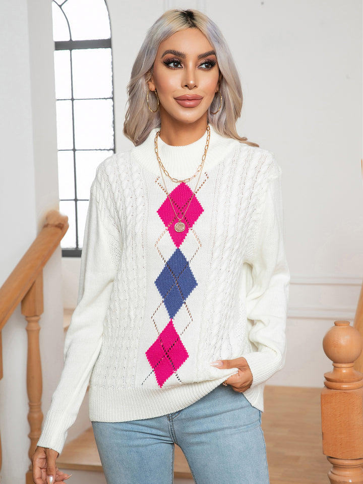 White Argyle cable knit mock neck pullover sweater