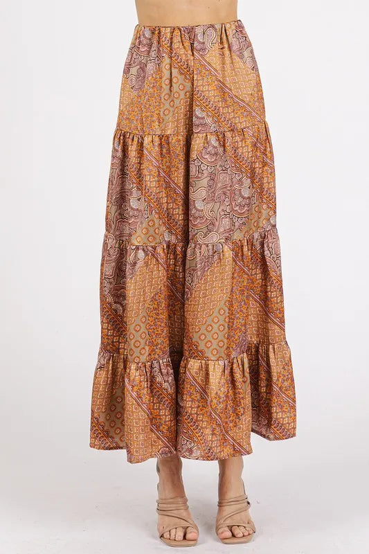 Hazelnut Paisley patchwork tiered satin maxi skirt