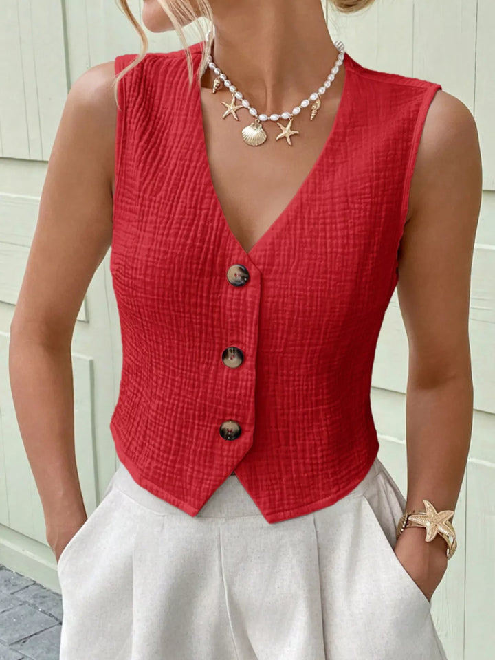 Textured cotton gauze button-front cropped vest