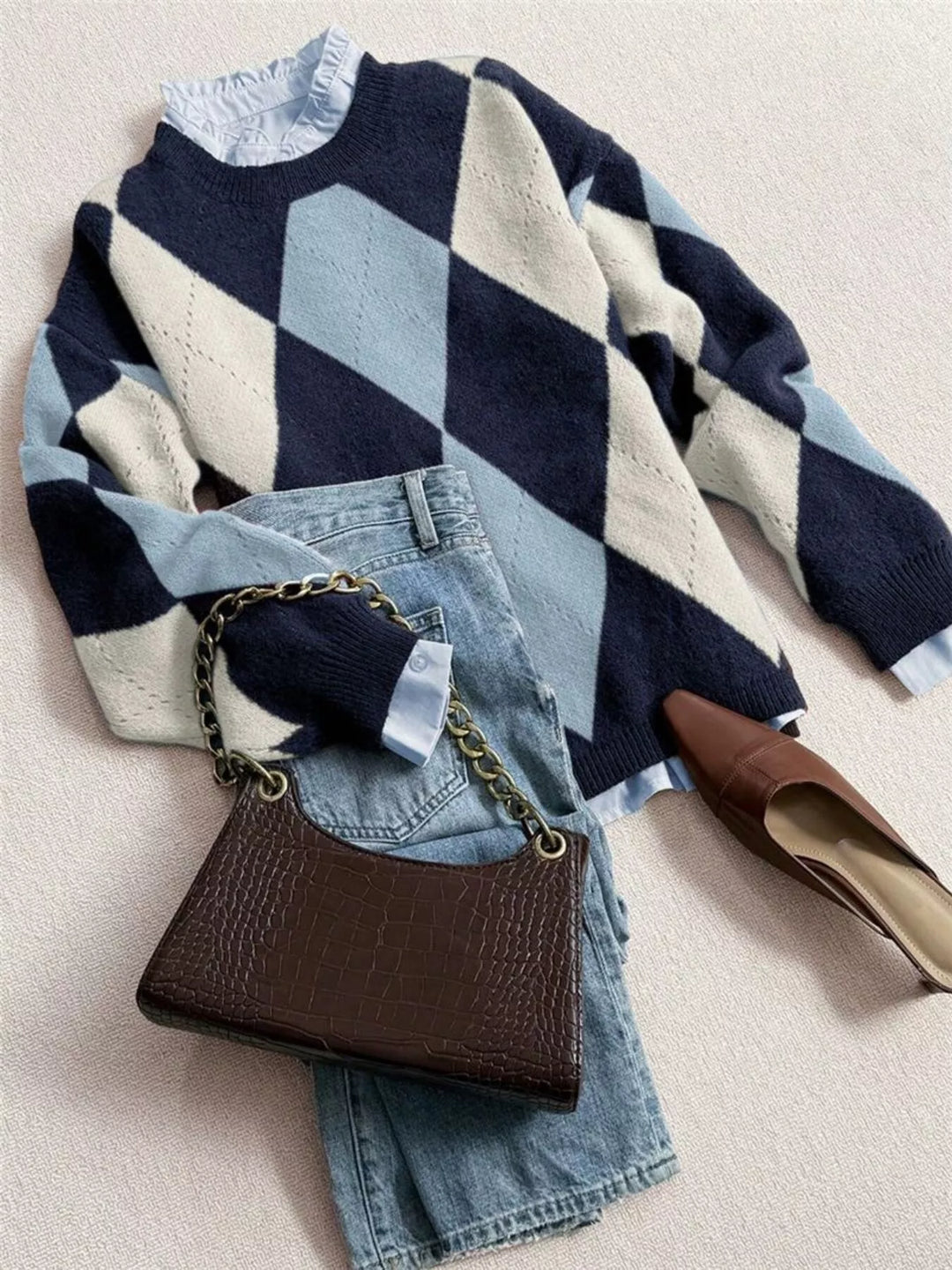 Argyle diamond knit round neck pullover sweater