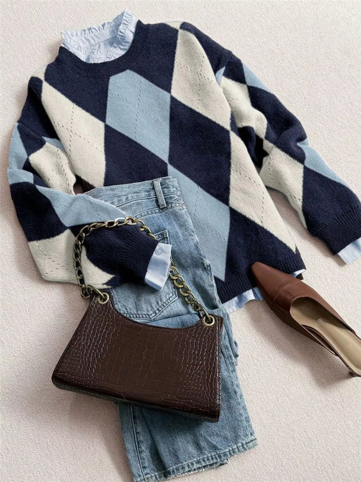Argyle diamond knit round neck pullover sweater