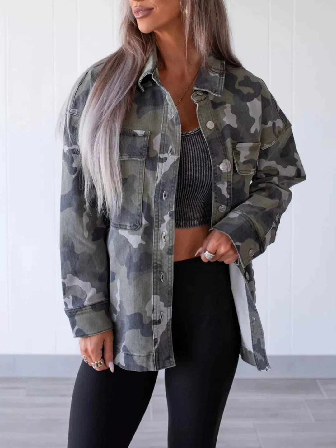 Camo print oversized button-up denim shacket