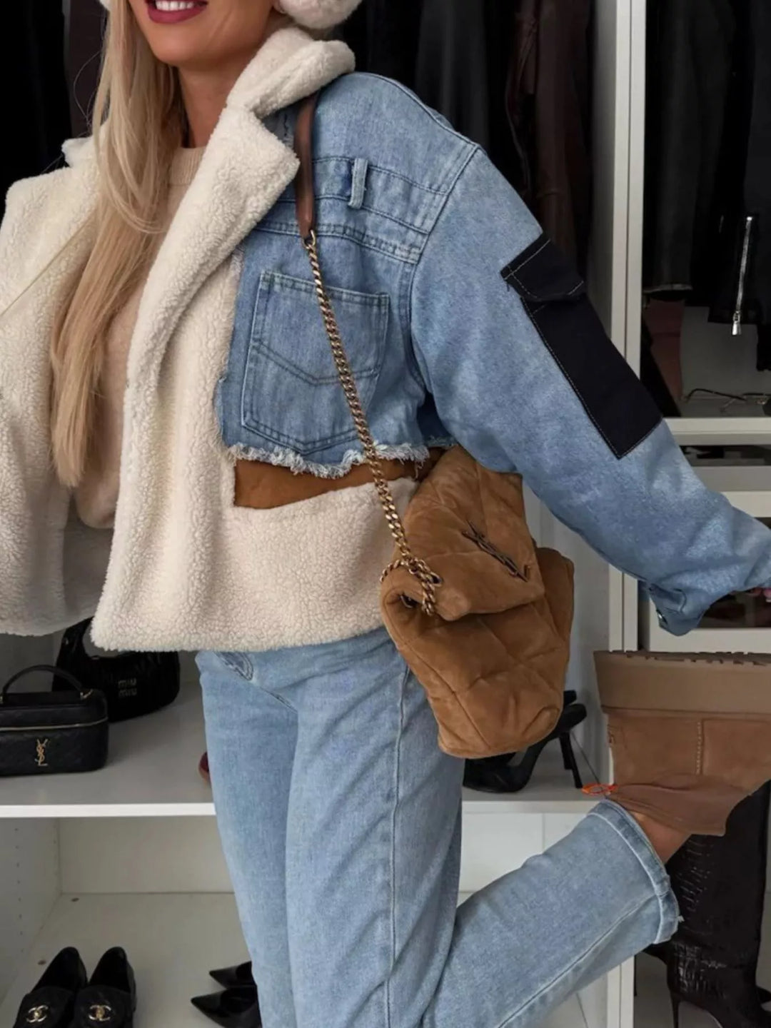 Sherpa panel denim jacket with raw hem and notch lapel