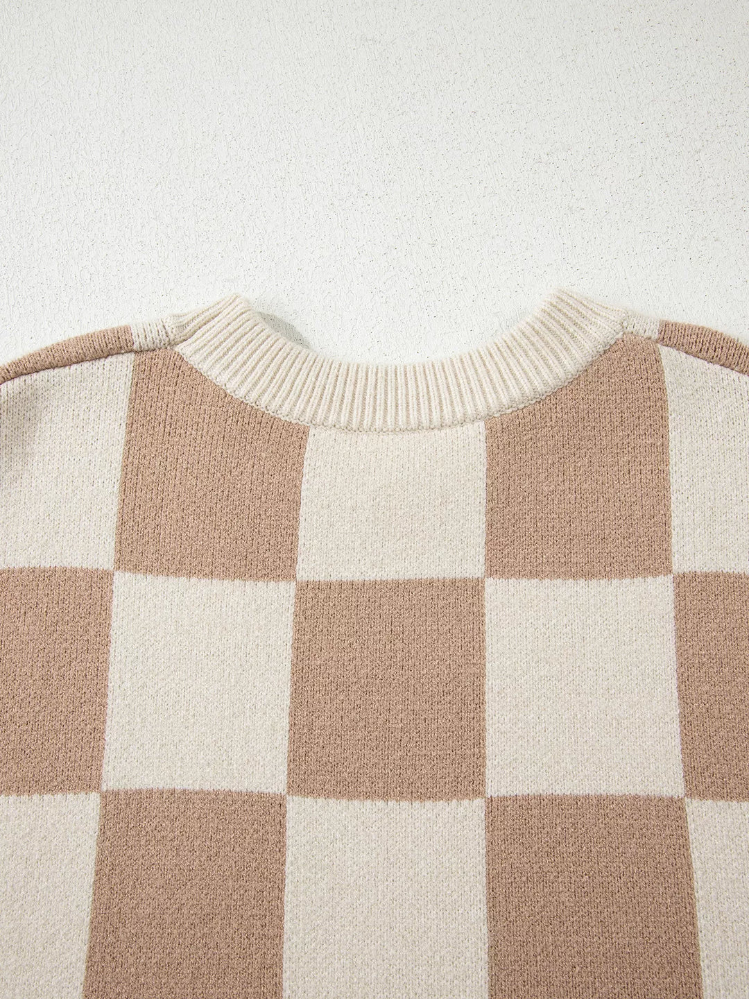 Checkered knit crewneck sweater with ribbed trim