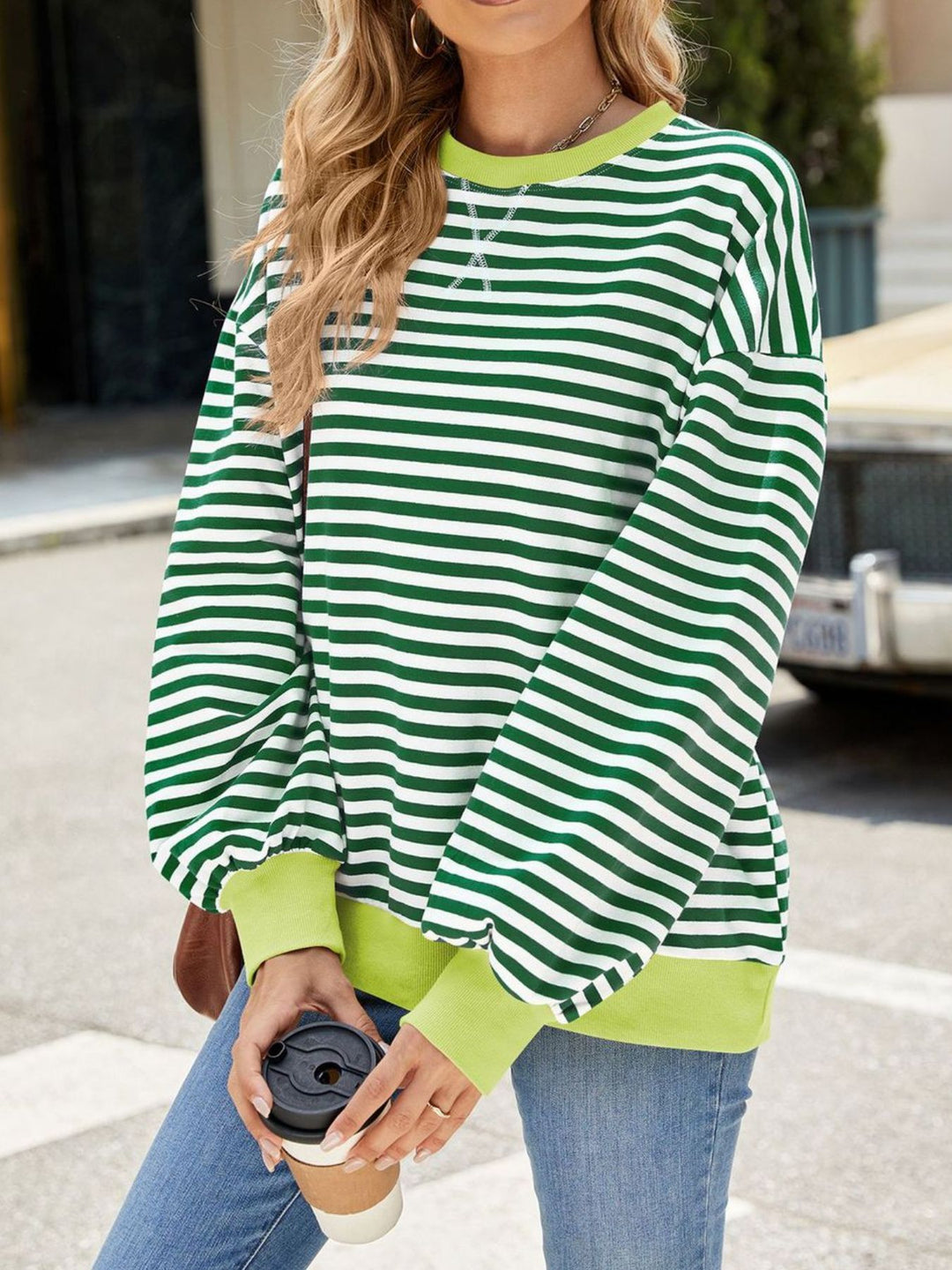 Striped crew neck sweatshirt with contrast ribbed trim