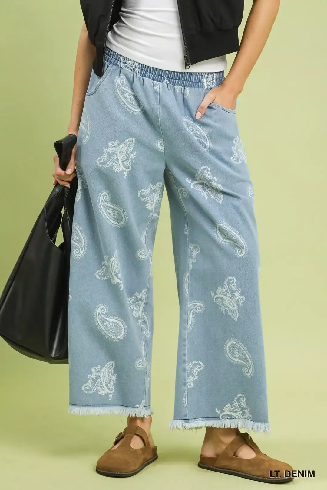 LT. DENIM Paisley print wide-leg denim pants with frayed hem