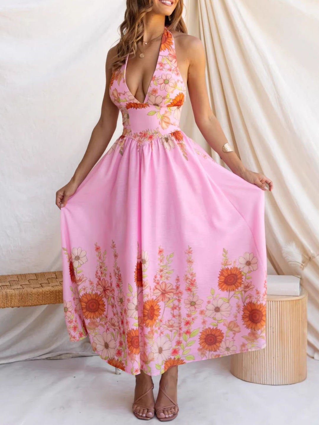 Sunflower print halter maxi dress with plunge neckline