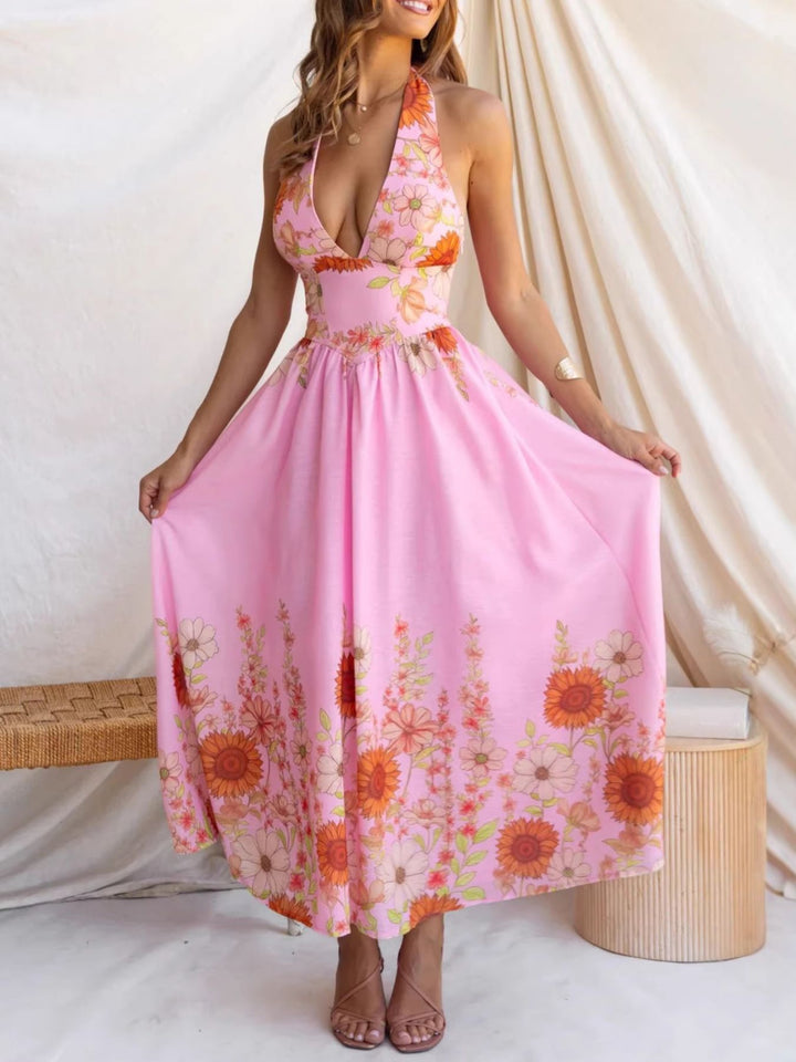 Sunflower print halter maxi dress with plunge neckline