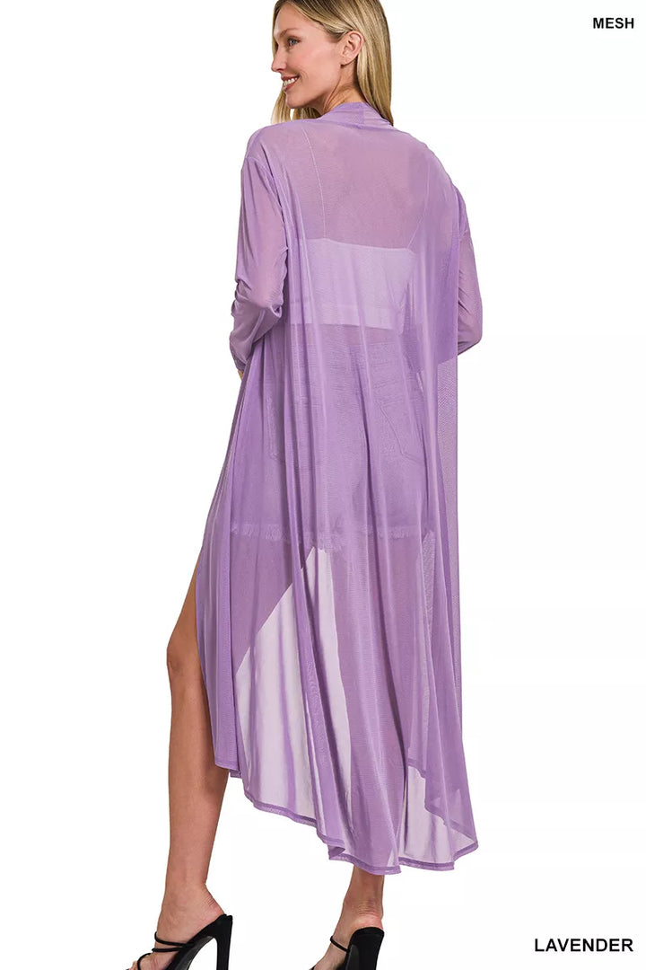Sheer mesh open-front duster cardigan with long sleeves