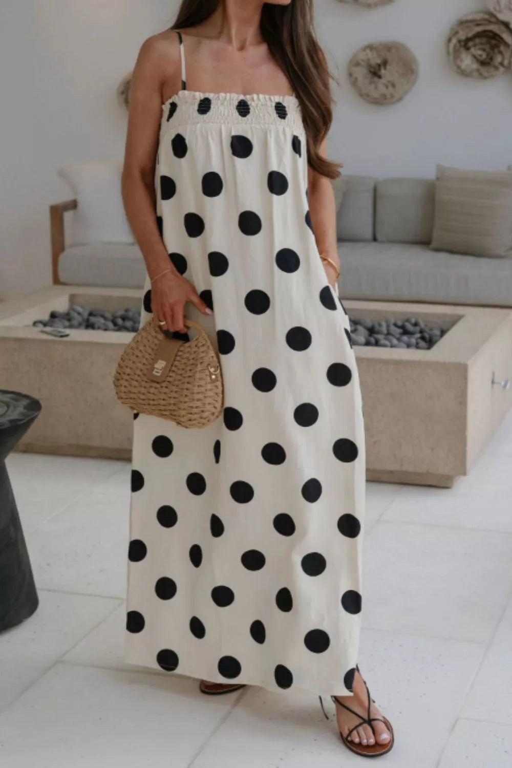 Polka dot smocked spaghetti strap maxi dress