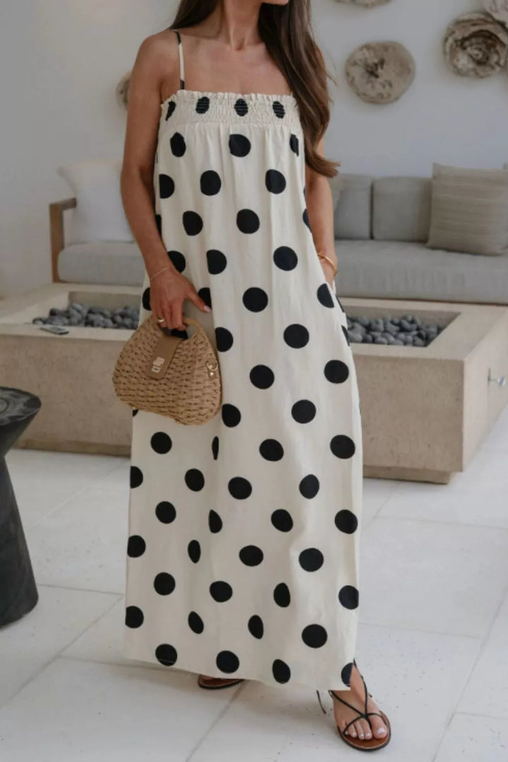 Polka dot smocked spaghetti strap maxi dress