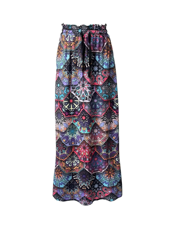 Feather print maxi skirt with drawstring waist and pockets