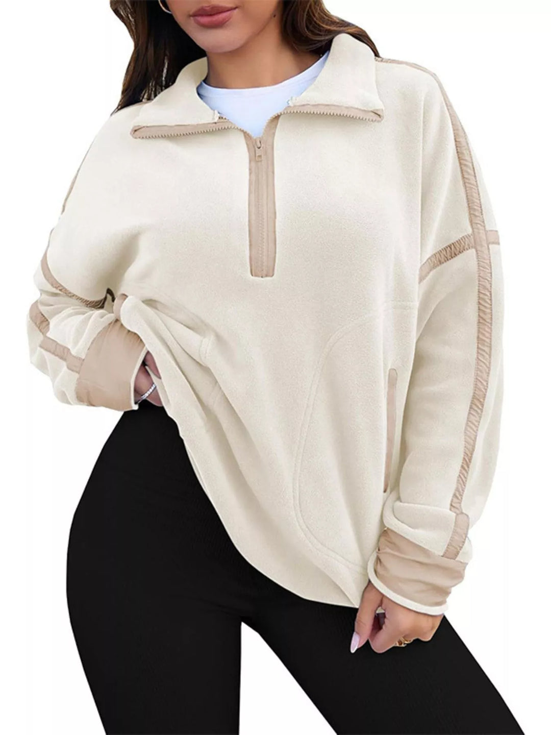 Half-zip fleece pullover with contrast trim and zip pockets