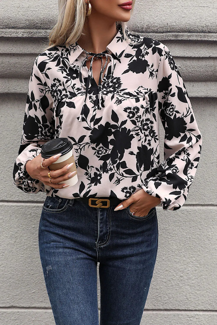 Floral print tie-neck balloon sleeve blouse