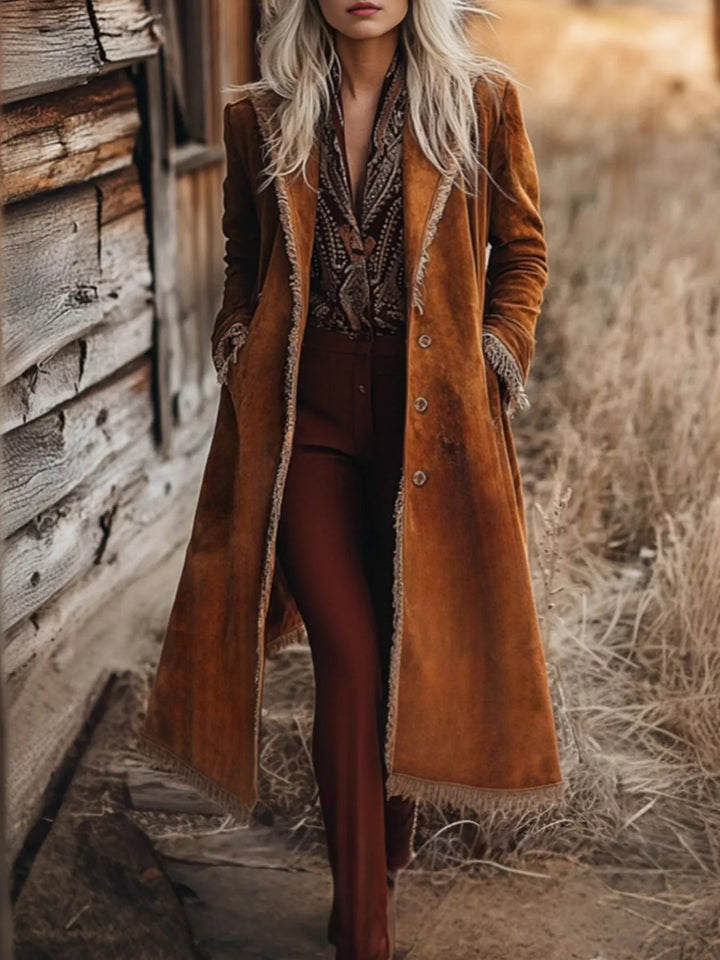 Caramel Fringe trim longline duster coat with button front