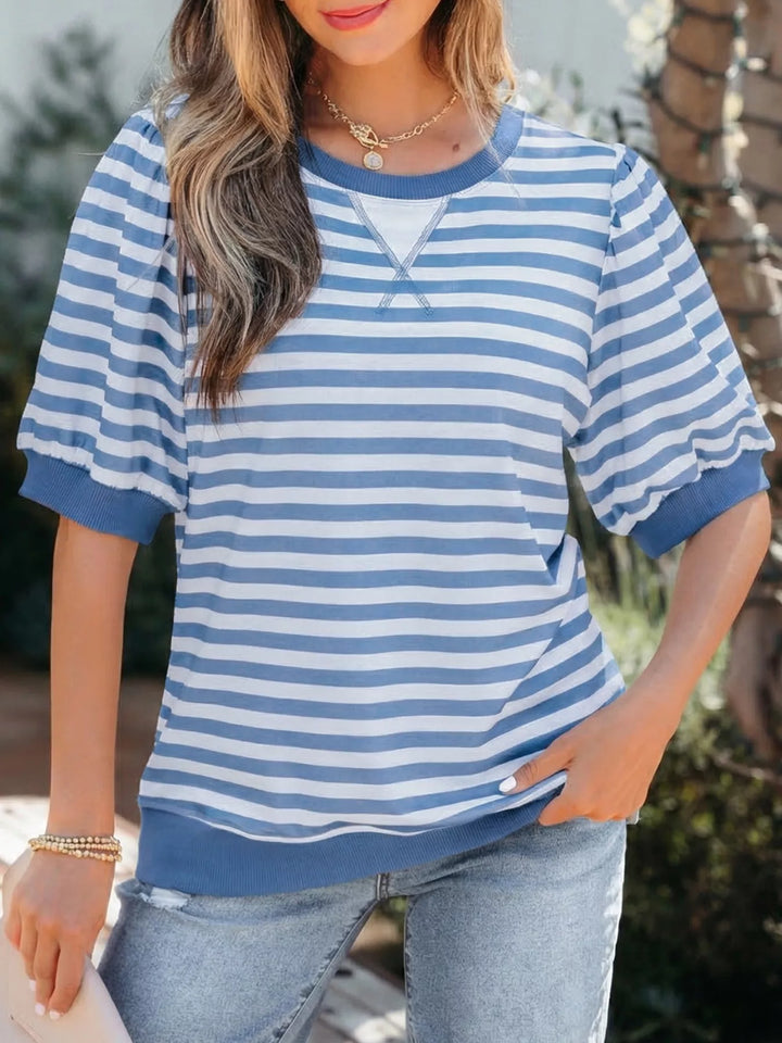 Light Blue Striped puff bubble sleeve crew neck top with ribbed trim