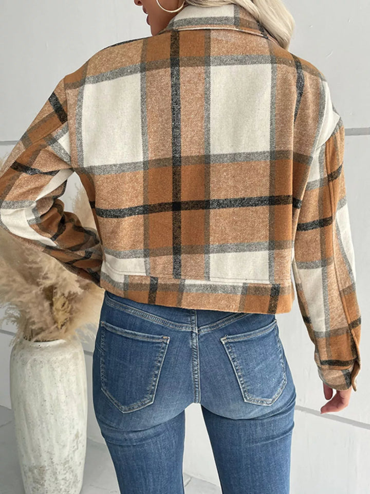 Plaid cropped shacket with chest pockets and button front