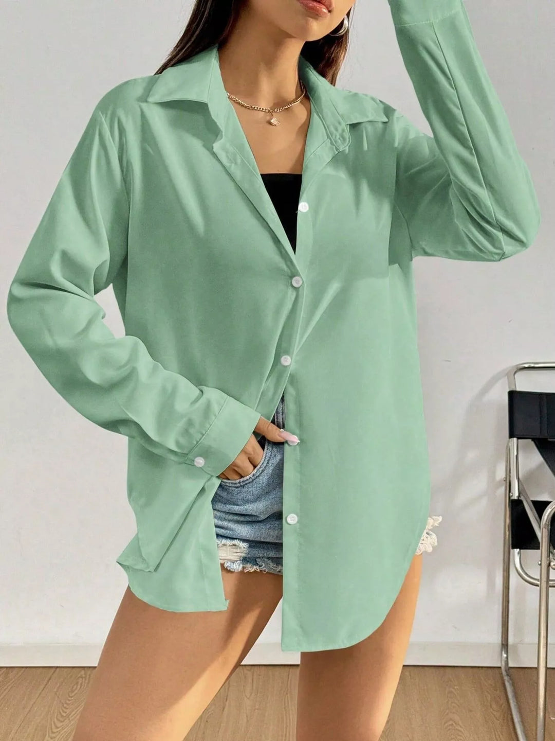 Oversized button-front long sleeve shirt with collar