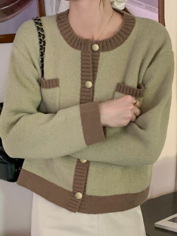 Green Contrast-trim button-up knit cardigan with patch pockets