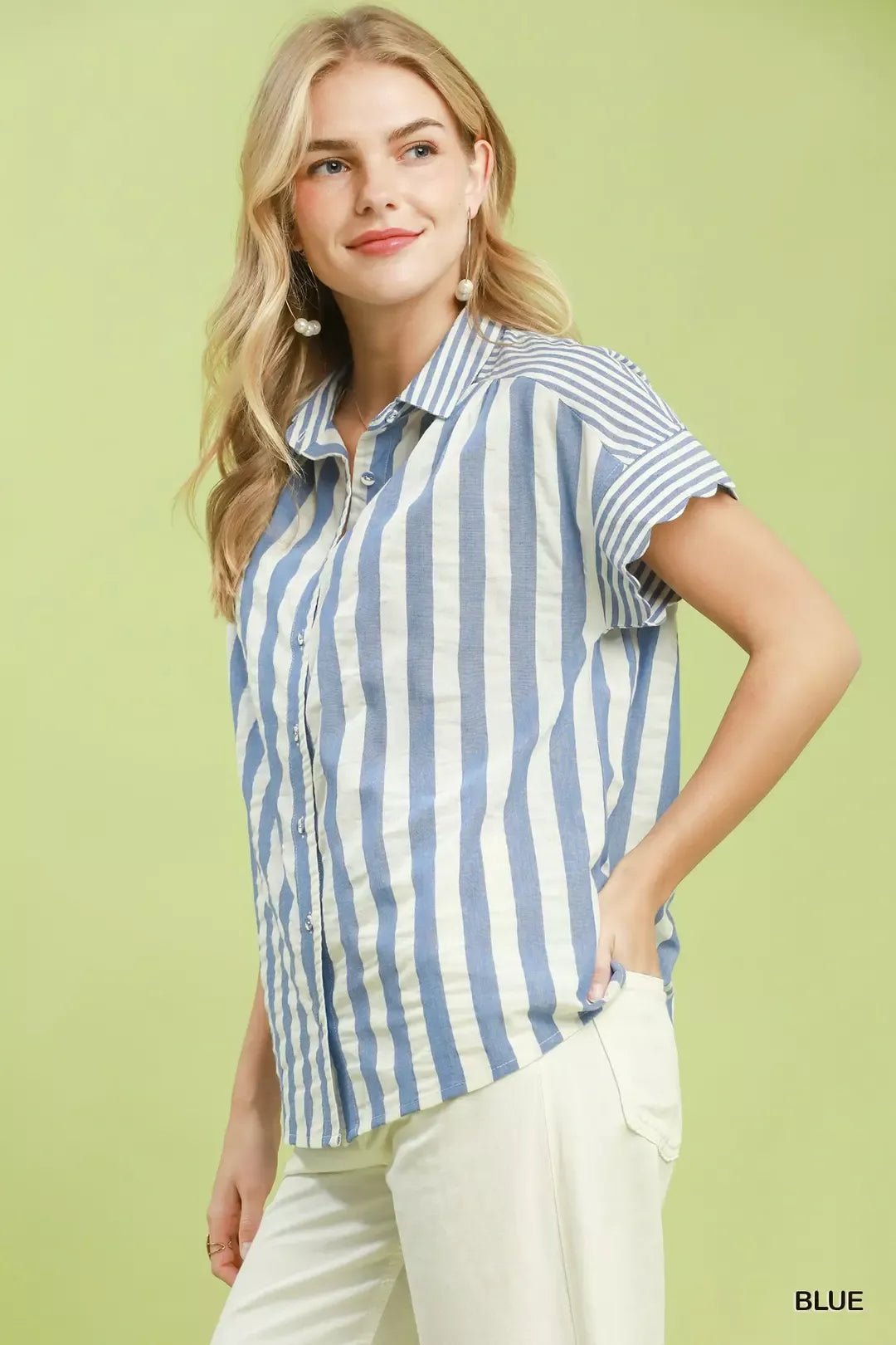 Striped flutter sleeve button-front cotton top