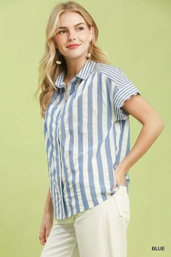 Striped flutter sleeve button-front cotton top