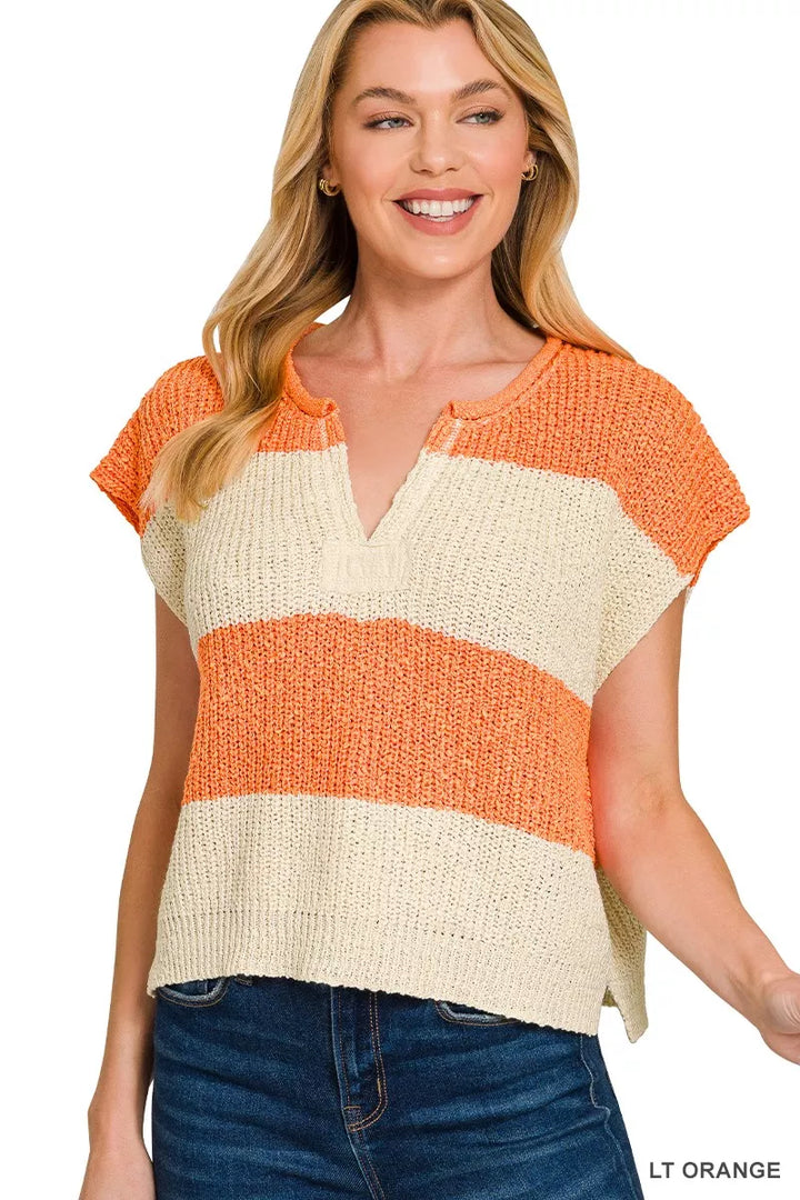 LT ORANGE Color-block stripe split-neck short sleeve sweater