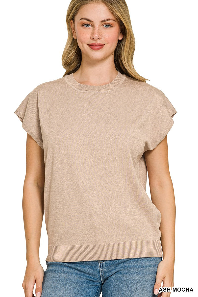 ASH MOCHA Ribbed crew neck short sleeve knit sweater top
