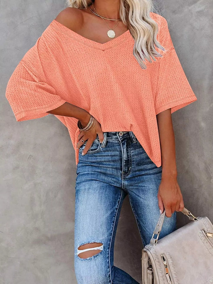 Waffle knit v-neck drop shoulder short sleeve tee