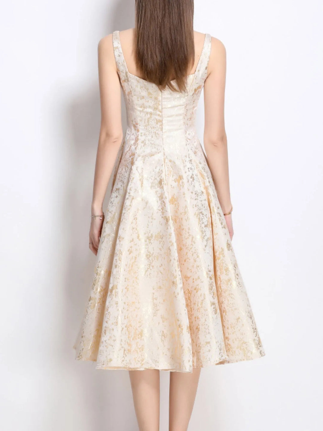 Square neck A-line midi dress with metallic shimmer print