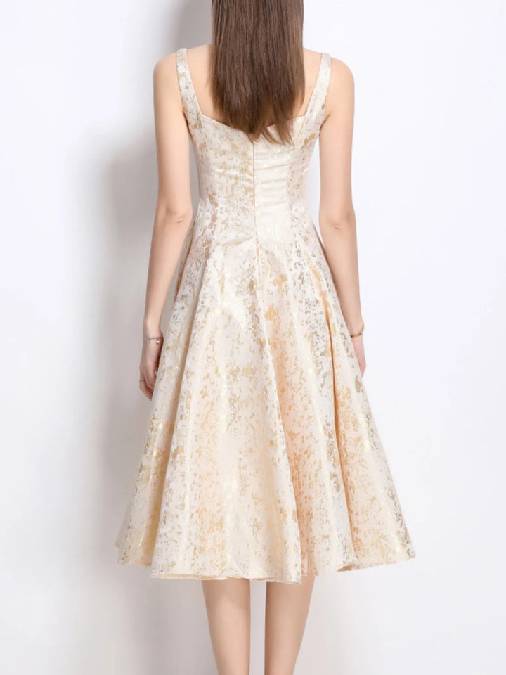 Square neck A-line midi dress with metallic shimmer print