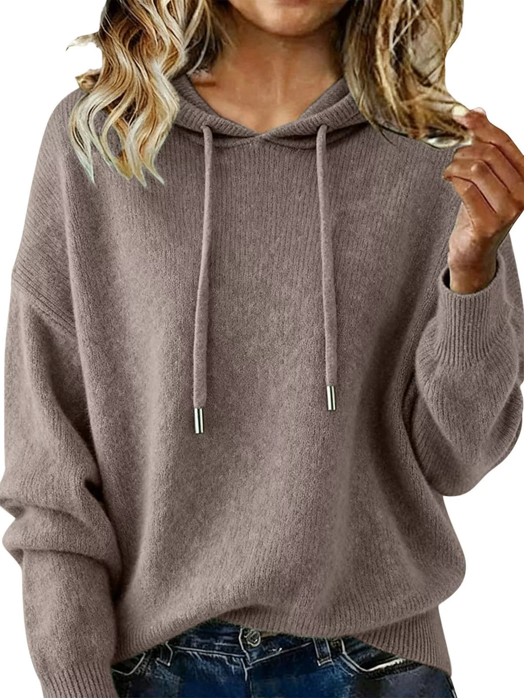 Dark Gray Drawstring hooded knit sweater with ribbed cuffs