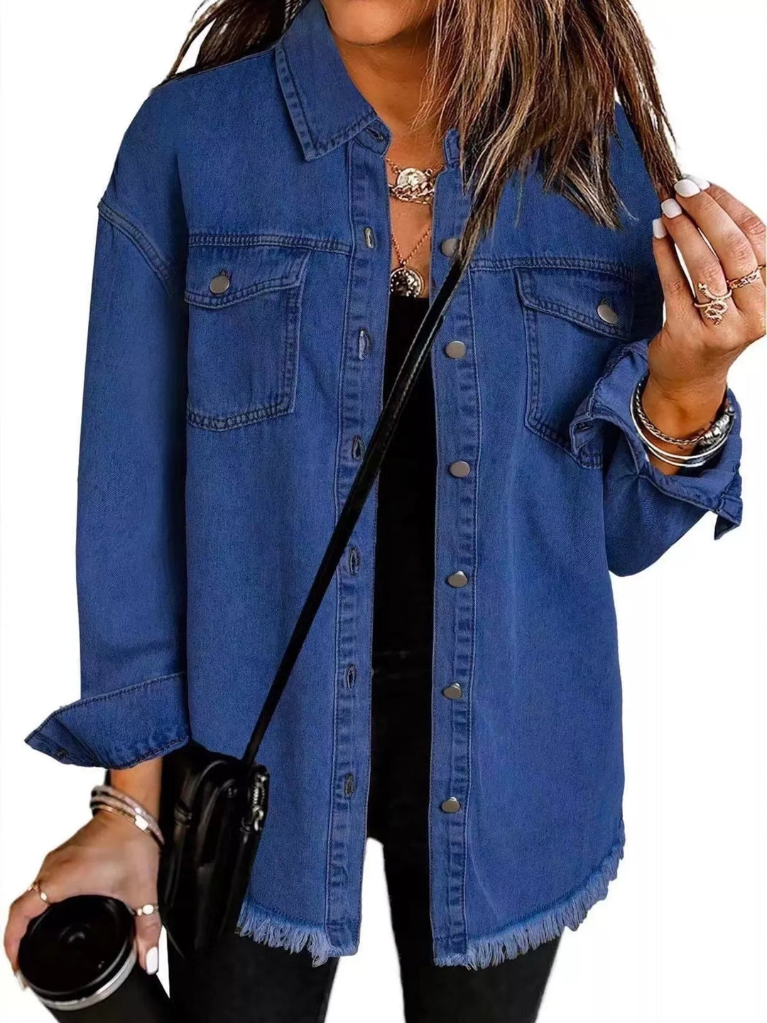 Dark Blue Frayed raw hem button-up denim jacket with flap pockets