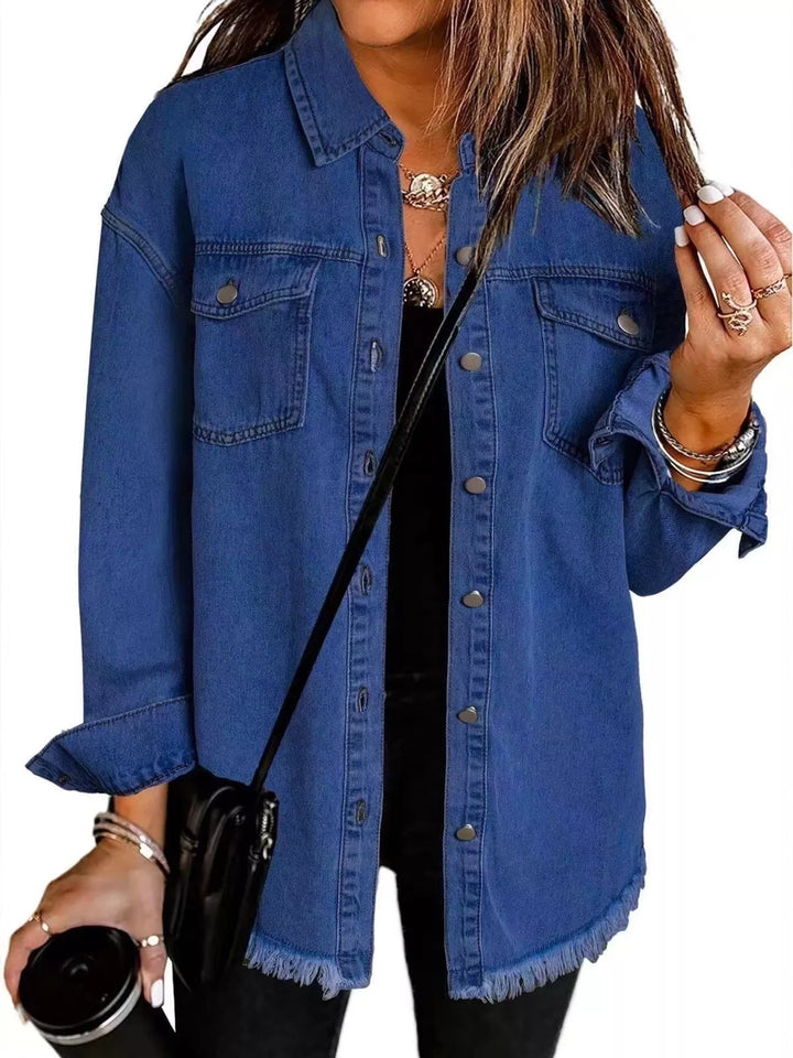 Dark Blue Frayed raw hem button-up denim jacket with flap pockets