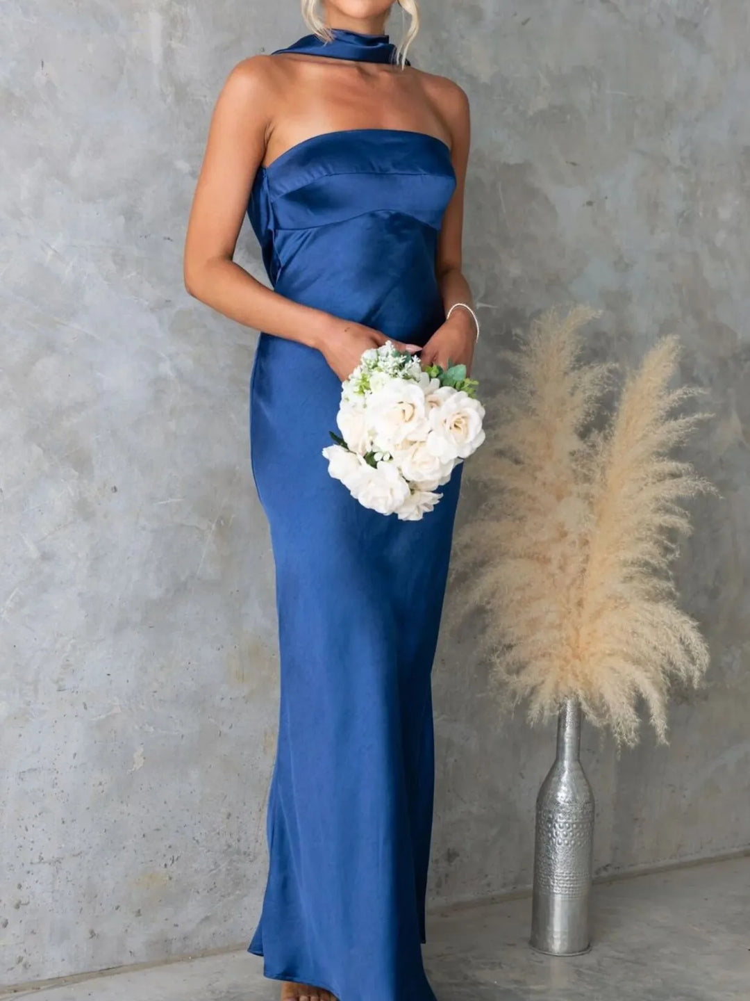 Strapless satin maxi dress with neck scarf tie