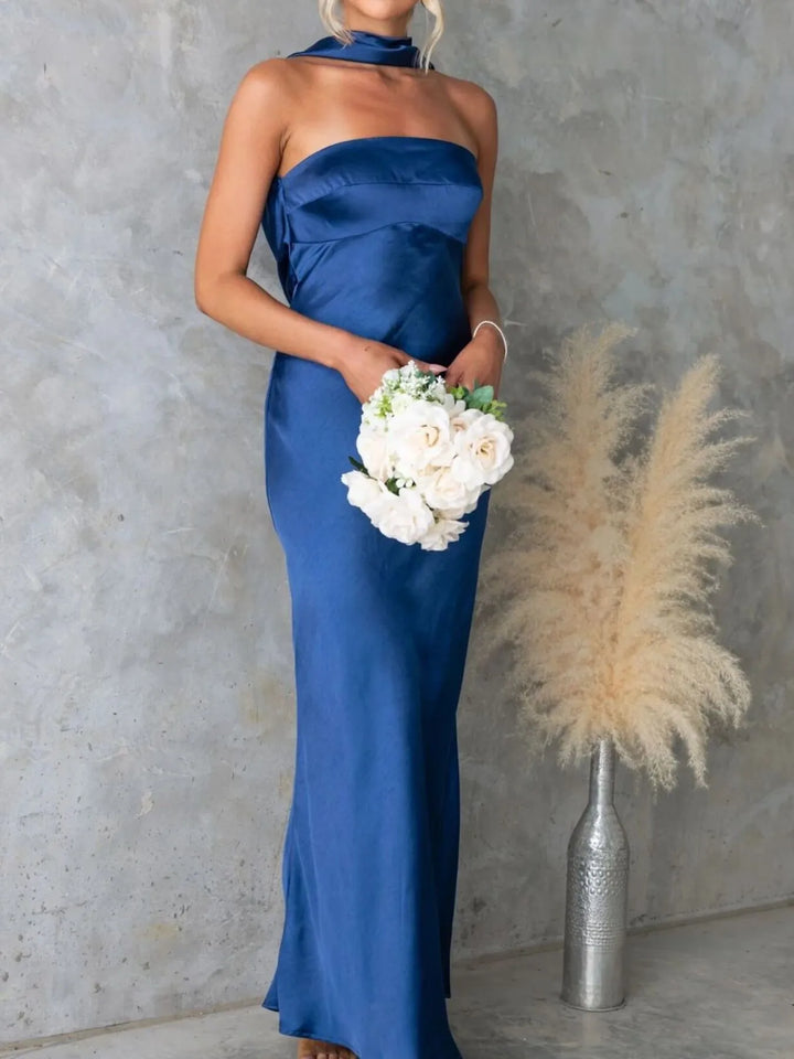 Strapless satin maxi dress with neck scarf tie